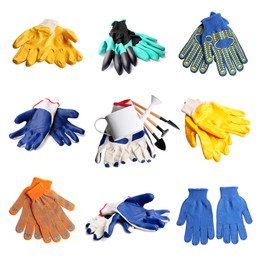 Image of Set with different gardening gloves and tools on white background