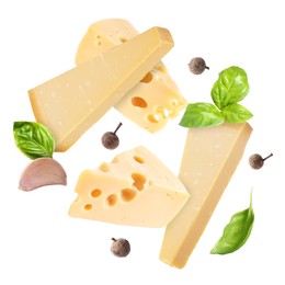 Image of Different kinds of cheese, basil, garlic and allspice falling on white background