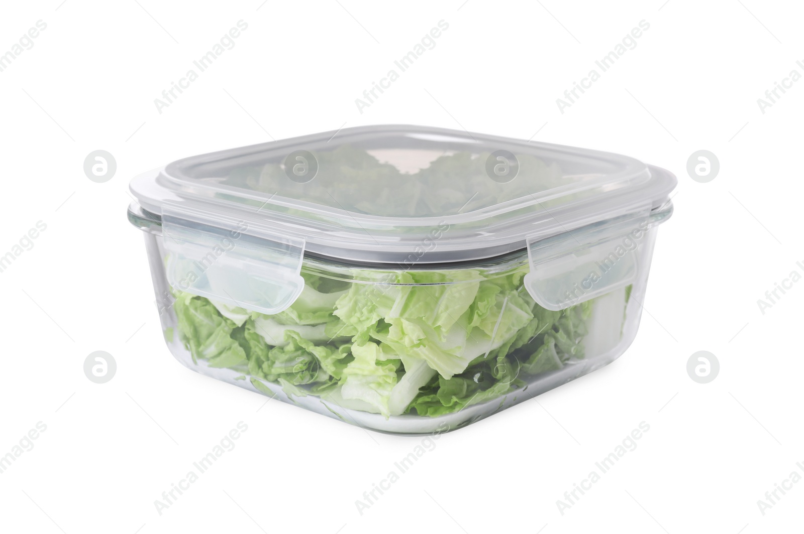 Photo of Glass container with fresh cabbage isolated on white