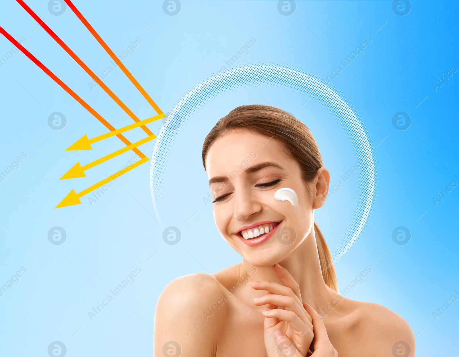 Image of Illustration of sun protection layer and beautiful young woman with healthy skin on blue background