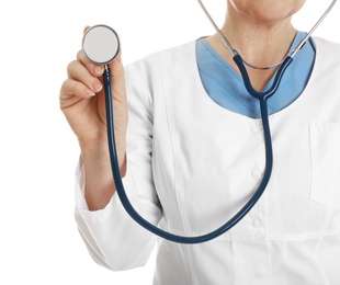 Photo of Closeup of female doctor with stethoscope isolated on white. Medical staff