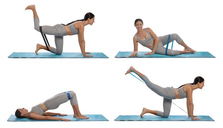 Image of Woman doing sportive exercises with fitness elastic band on white background, collage