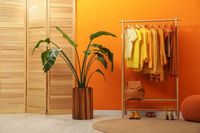 Photo of Rack with different stylish women's clothes, shoes, backpack and green houseplant near orange wall indoors