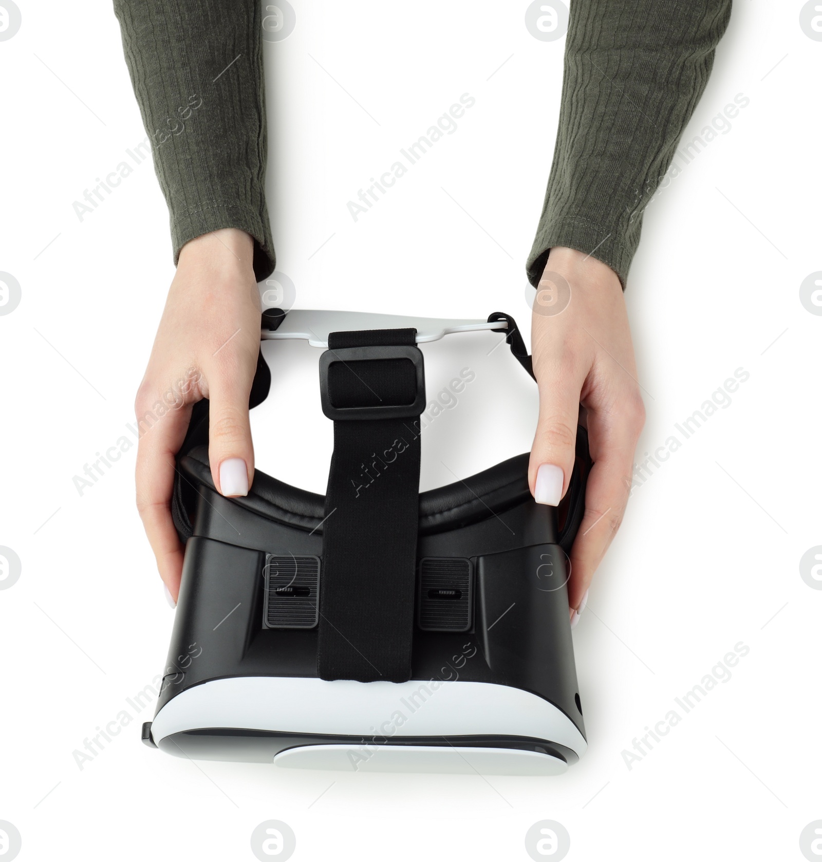 Photo of Woman with virtual reality headset on white background, top view