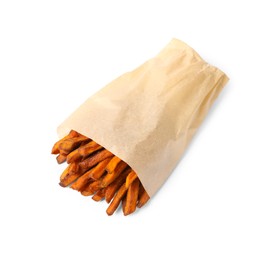 Photo of Paper bag with tasty sweet potato fries isolated on white, top view