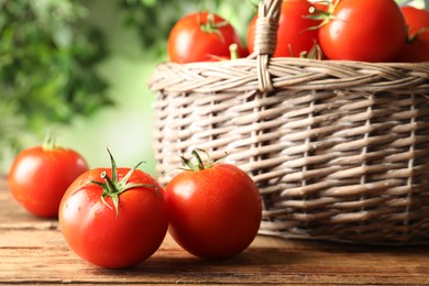 Fresh ripe red tomatoes on wooden table