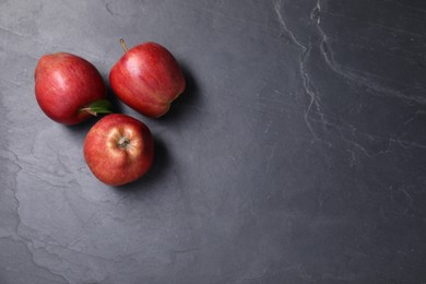 Ripe red apples on black textured table, flat lay. Space for text