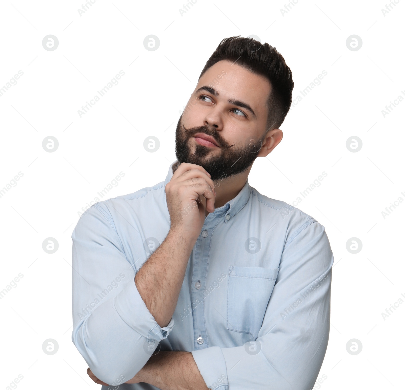 Photo of Portrait of young man with mustache on white background