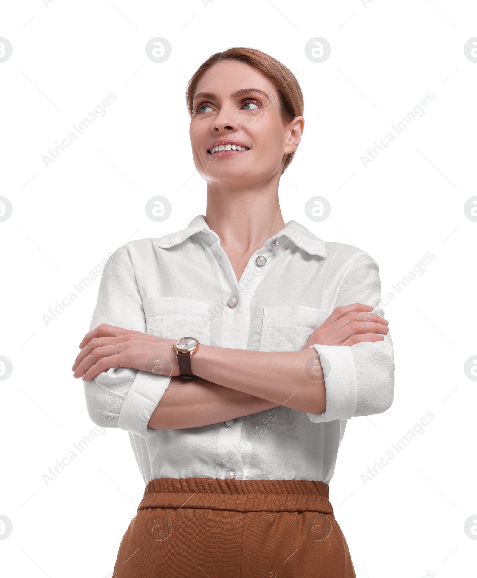 Photo of Beautiful happy businesswoman crossing arms on white background