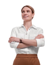 Photo of Beautiful happy businesswoman crossing arms on white background