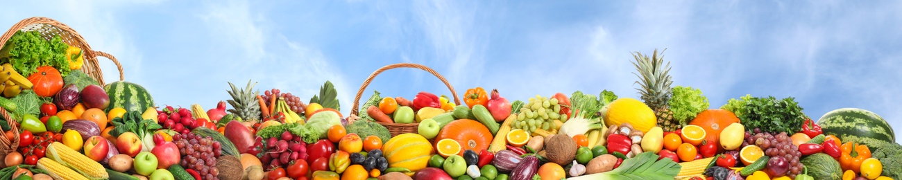 Image of Assortment of fresh organic fruits and vegetables outdoors. Banner design