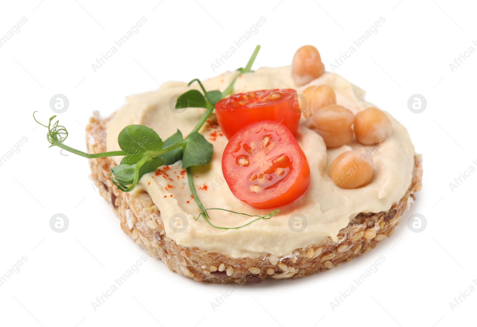 Photo of Delicious sandwich with hummus, tomato slices and chickpeas on white background