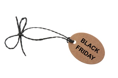 Blank brown tag isolated on white. Black Friday concept