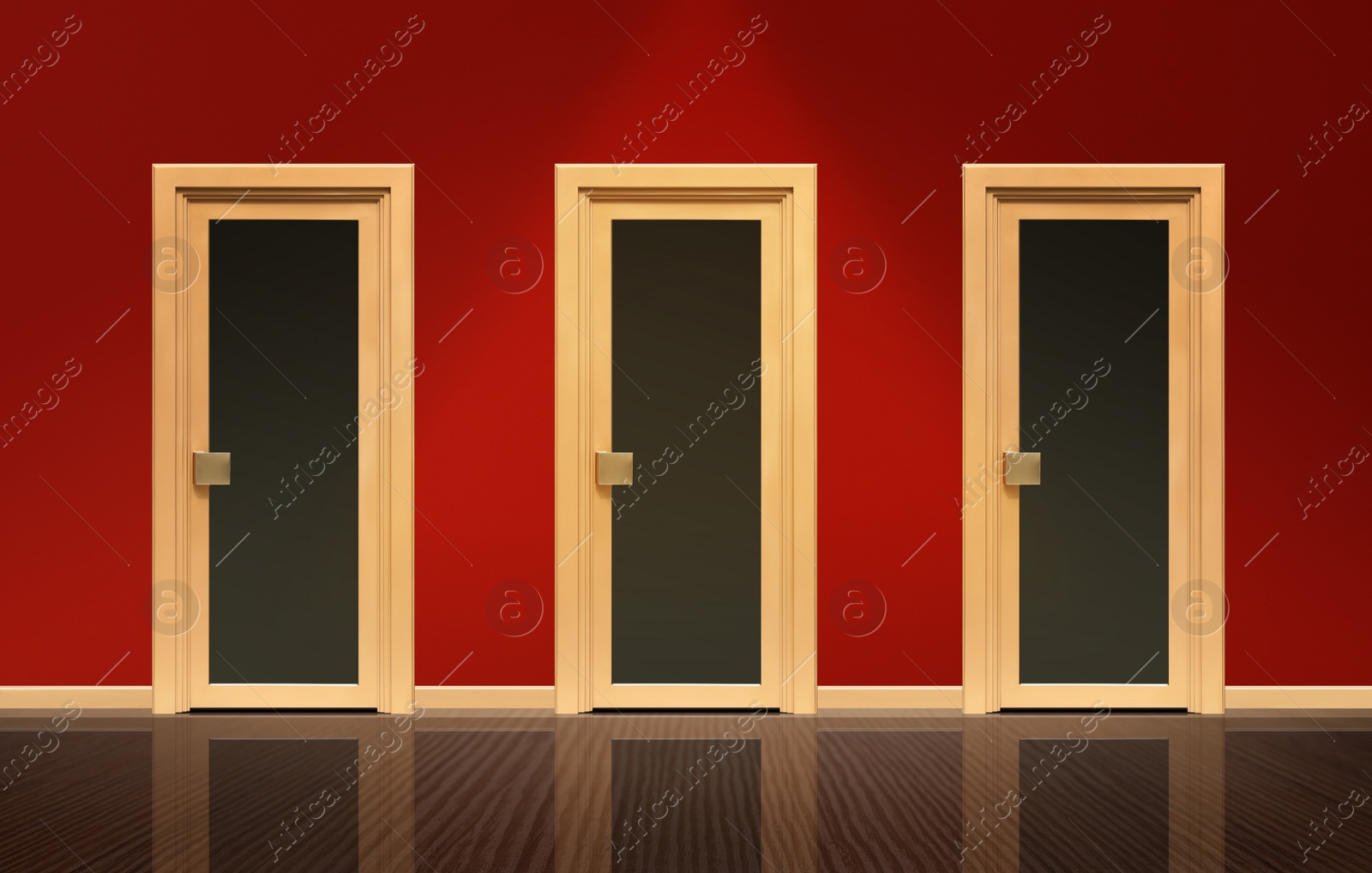 Image of Three similar closed doors in room. Concept of choice