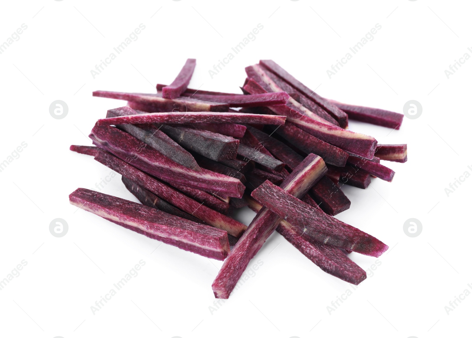 Photo of Raw purple carrot sticks isolated on white