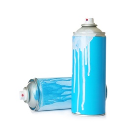 Photo of Used cans of spray paint on white background