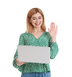 Photo of Woman using laptop for video chat isolated on white