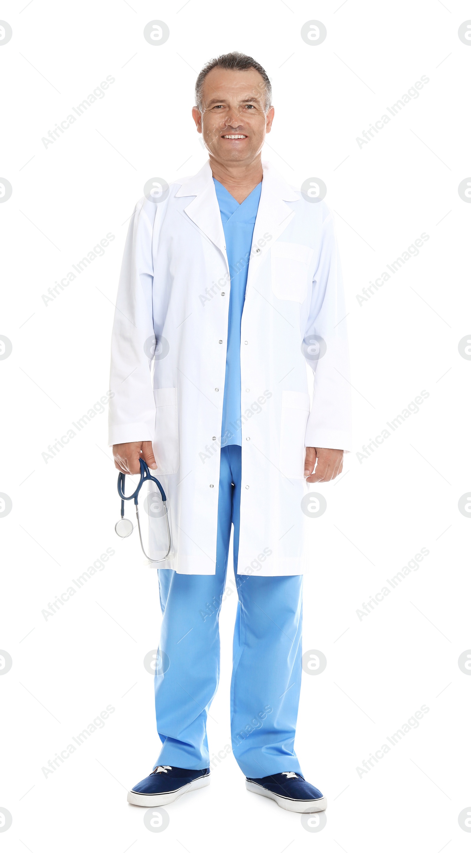 Photo of Full length portrait of experienced doctor in uniform on white background. Medical service