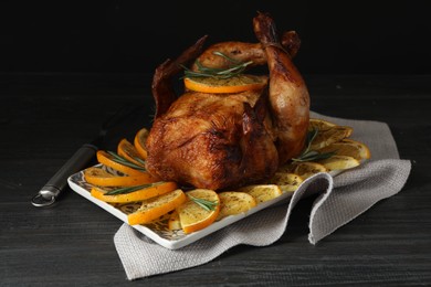 Photo of Baked chicken with orange slices on grey wooden table