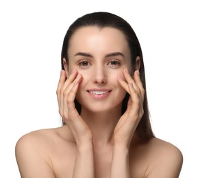 Portrait of beautiful young woman on white background