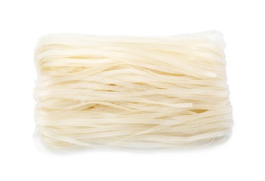 Photo of Raw rice noodles on white background, top view