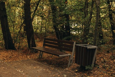 Photo of Many beautiful trees, bench and pathway in autumn park