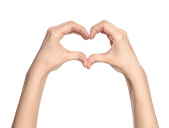 Photo of Woman showing heart on white background, closeup of hands