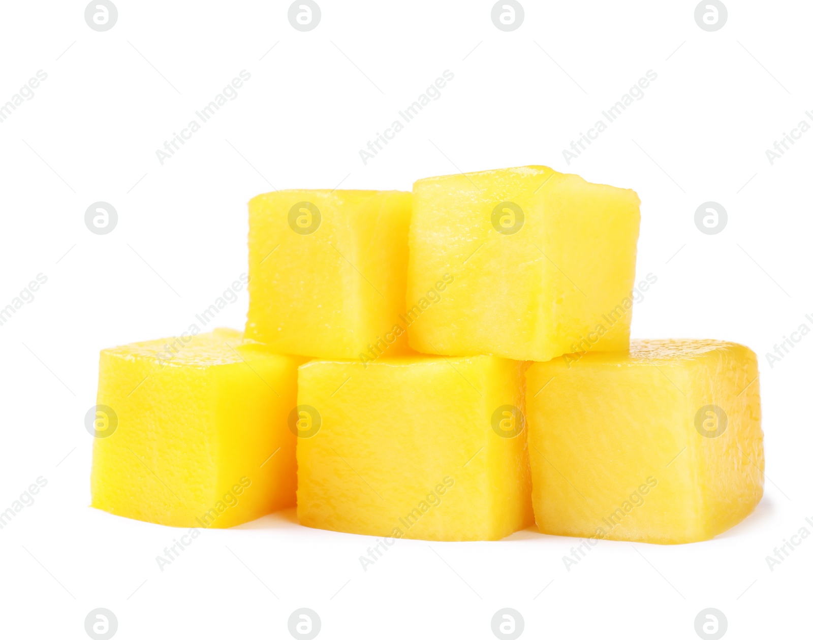 Photo of Fresh juicy mango cubes isolated on white