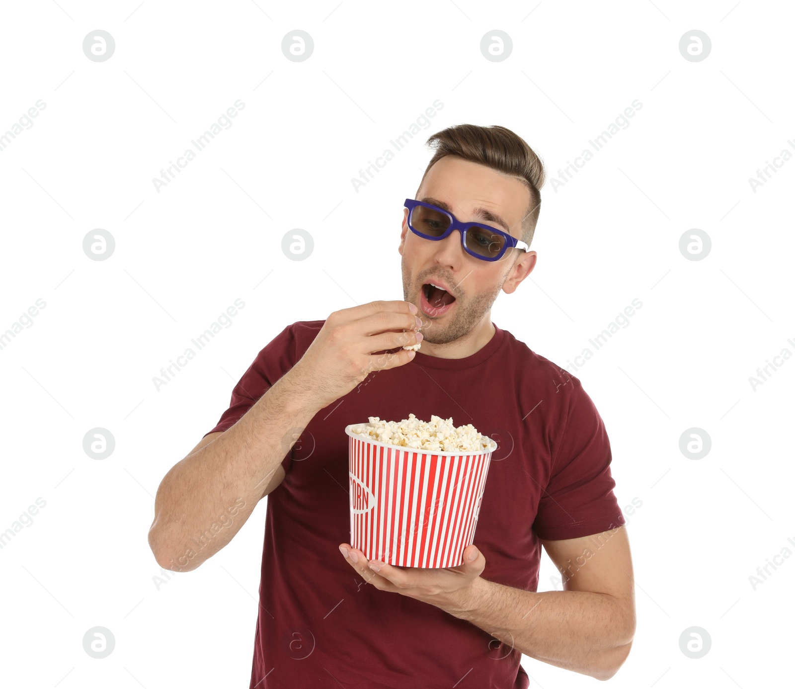 Photo of Man with 3D glasses and popcorn during cinema show on white background
