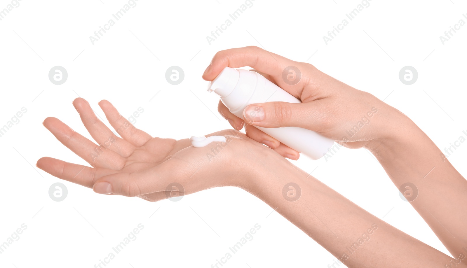 Photo of Young woman applying hand cream against on white background