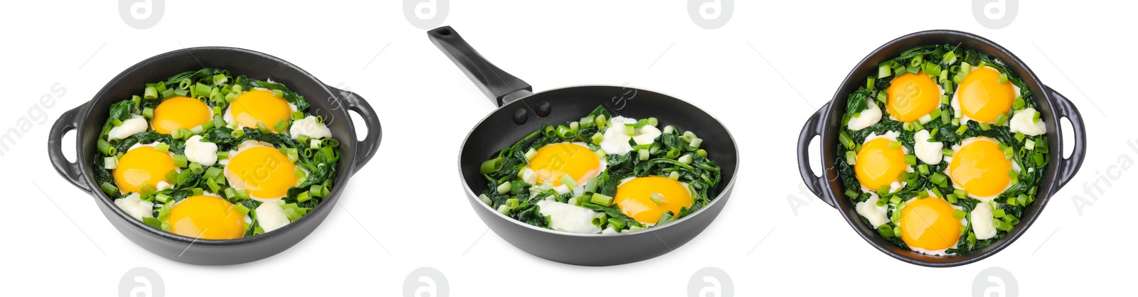 Image of Delicious shakshuka in frying pans isolated on white, set