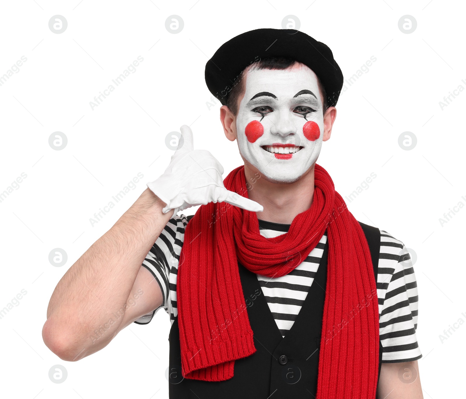 Photo of Funny mime artist showing call me gesture on white background