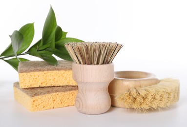 Photo of Cleaning supplies. Brushes, sponges and floral decor isolated on white