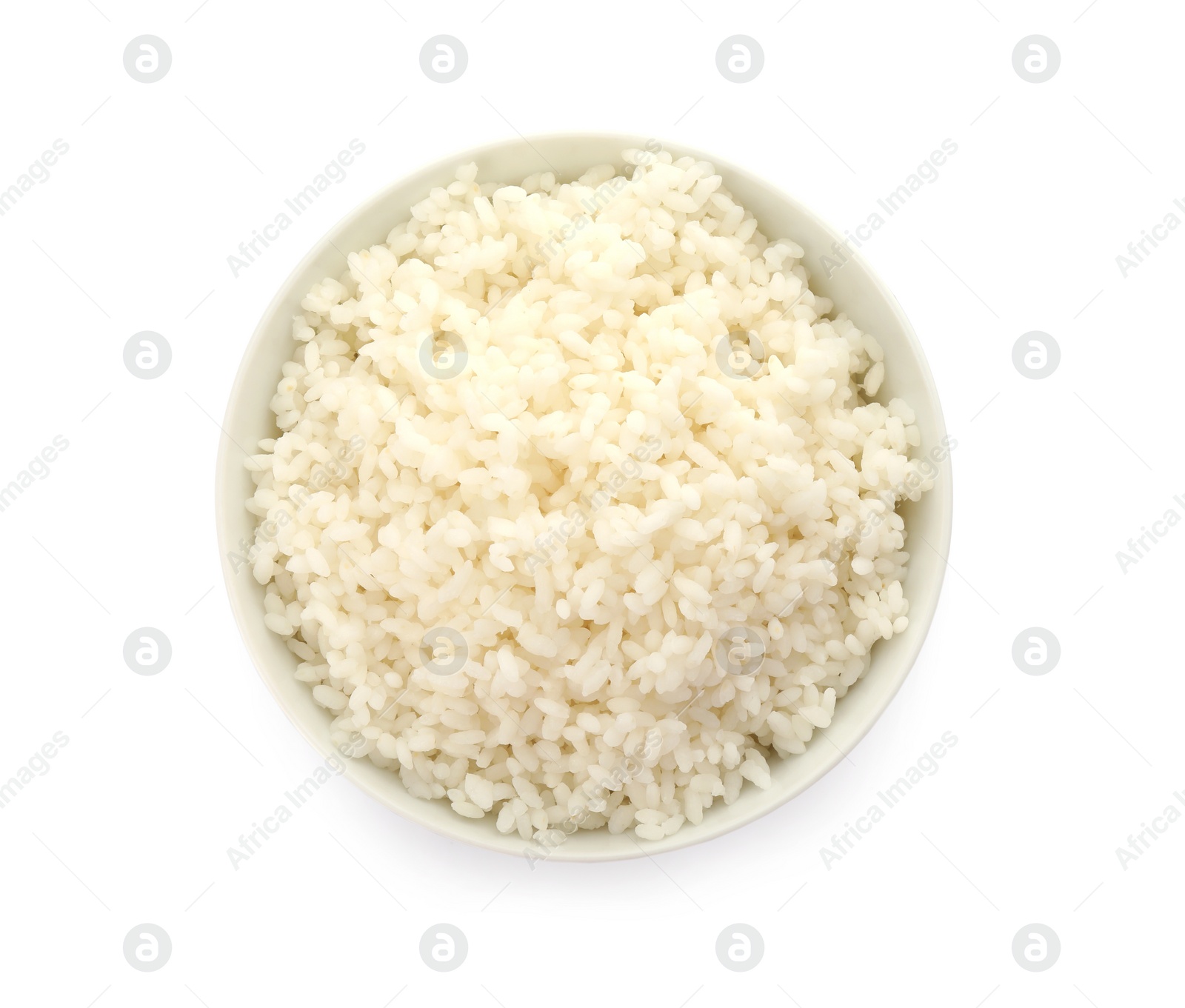 Photo of Bowl with delicious rice isolated on white, top view