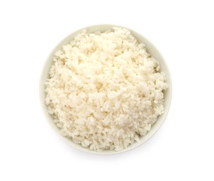 Photo of Bowl with delicious rice isolated on white, top view