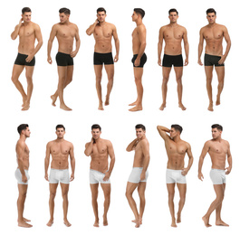Collage of man in underwear on white background