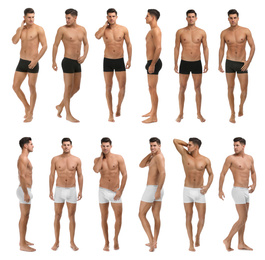 Image of Collage of man in underwear on white background