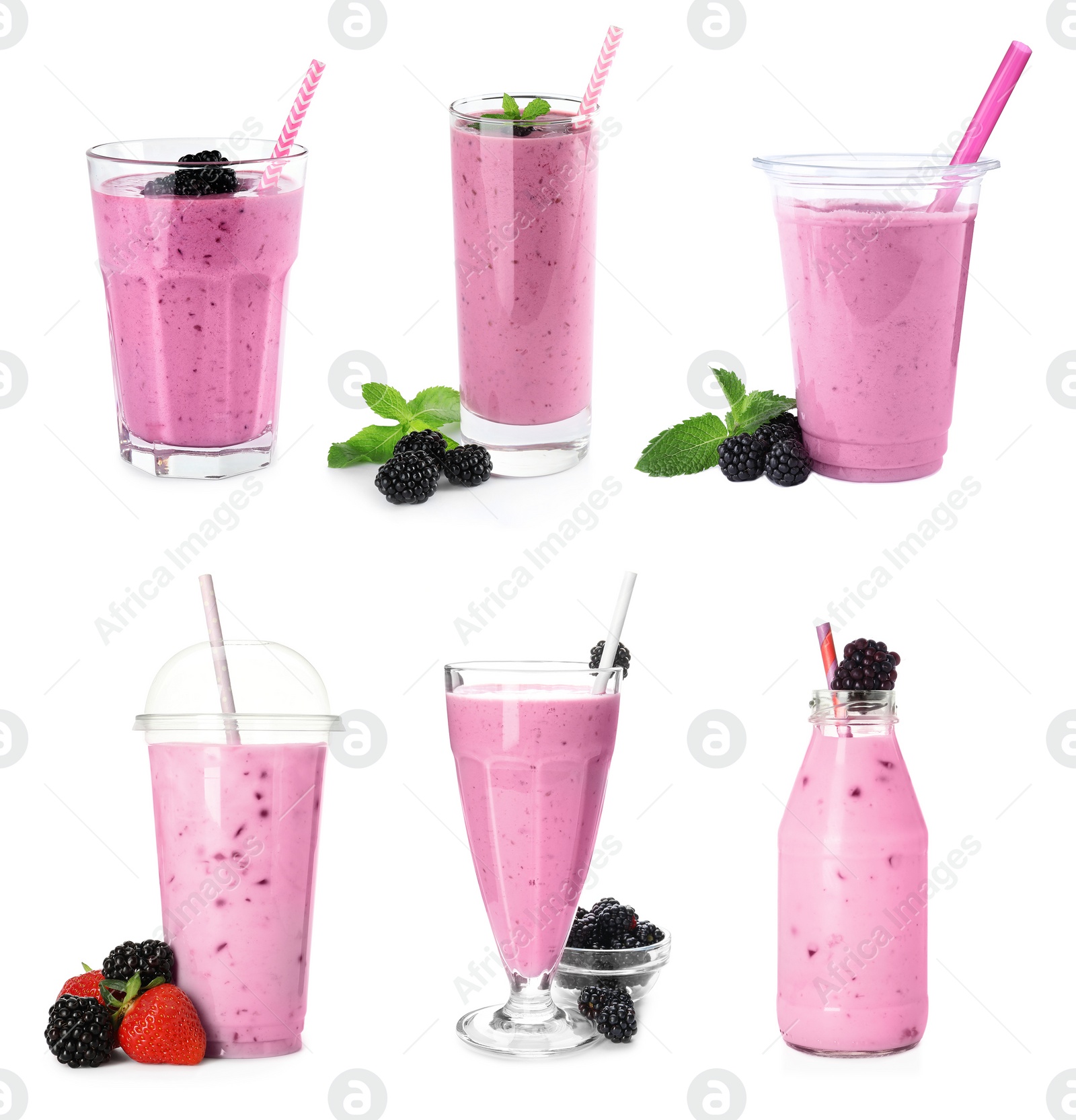 Image of Set with delicious blackberry smoothies on white background