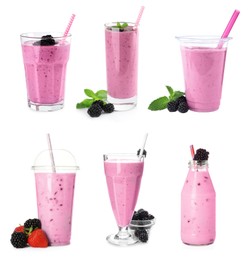 Image of Set with delicious blackberry smoothies on white background