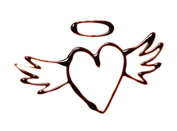 Photo of Heart with wings and halo made of dark chocolate on white background, top view