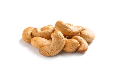 Photo of Tasty organic cashew nuts isolated on white