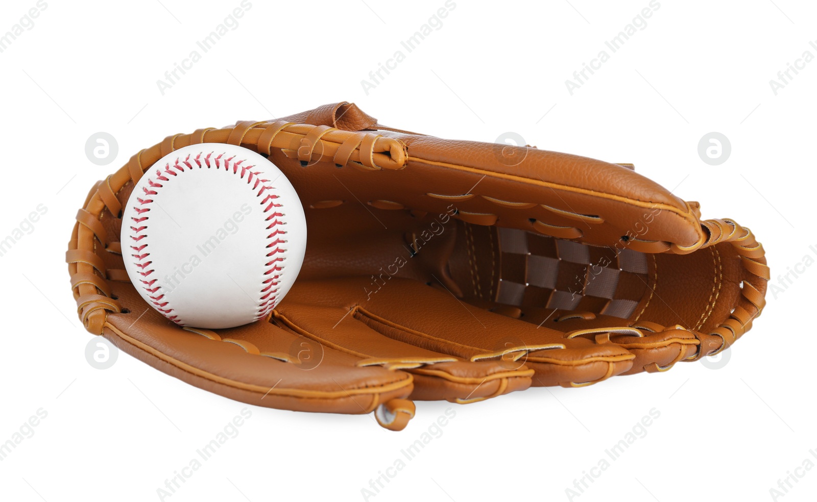 Photo of Leather baseball glove with ball isolated on white