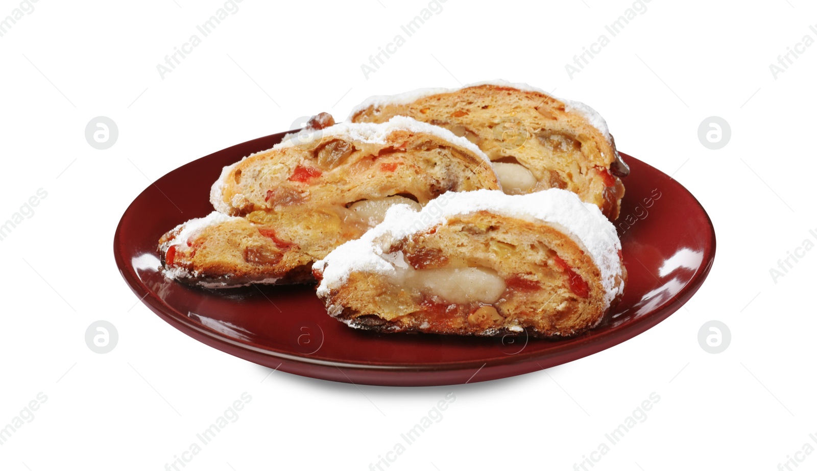 Photo of Traditional Christmas Stollen with icing sugar on white background