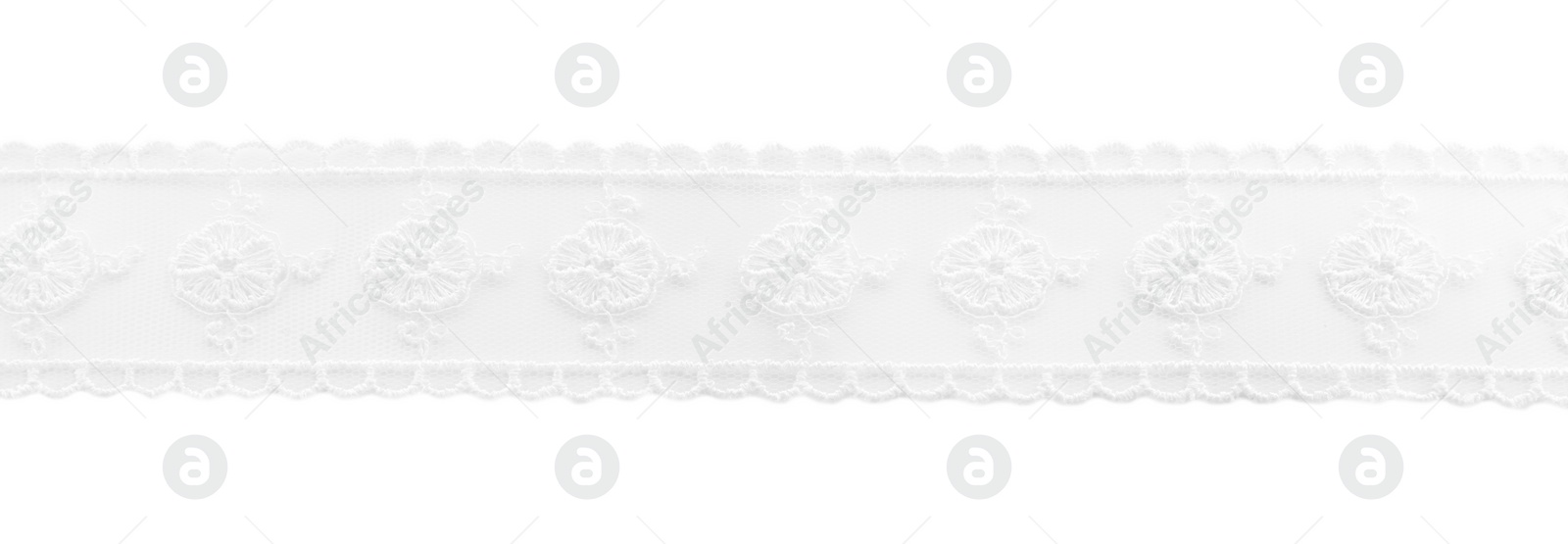 Photo of Beautiful lace with pattern isolated on white, top view