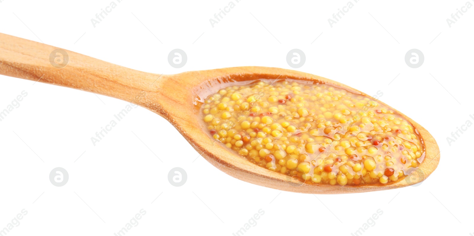 Photo of Wooden spoon with delicious whole grain mustard isolated on white