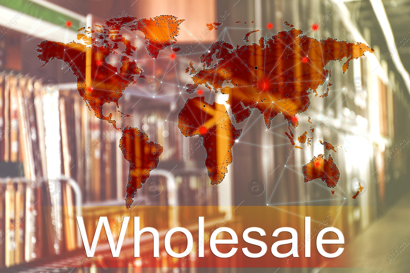 Image of Wholesale business. World map and blurred view of warehouse on background