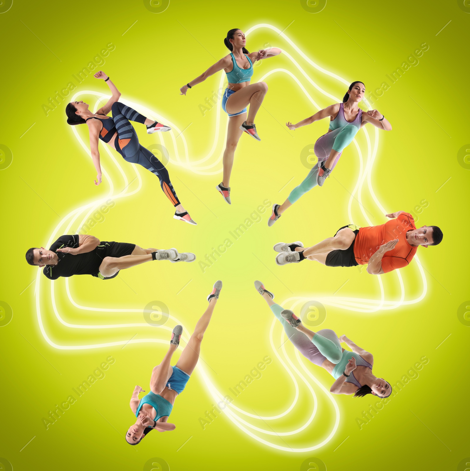 Image of Men and women in sportswear running on light green background, collage