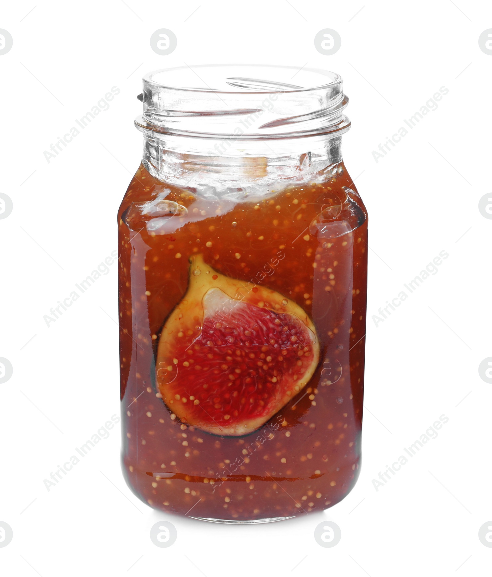 Photo of Delicious fig jam with fresh fruit in glass jar isolated on white