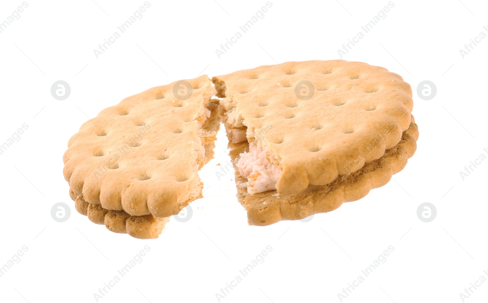 Photo of Broken tasty sandwich cookie with cream on white background