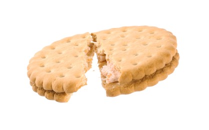 Photo of Broken tasty sandwich cookie with cream on white background